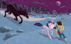 Size: 1280x806 | Tagged: safe, artist:cutebrows, doctor whooves, time turner, twilight sparkle, unicorn, g4, doctor who, doctor whooves adventures, forest, moon, nature, night, running, shooting star, sonic screwdriver, stars, tardis, the doctor, tree, unicorn twilight