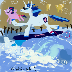 Size: 1000x1000 | Tagged: safe, artist:cutebrows, shining armor, twilight sparkle, alicorn, g4, funny, funny as hell, stylistic suck, sunglasses, surfboard, surfing, twilight sparkle (alicorn), wave, wtf