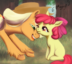 Size: 509x455 | Tagged: safe, artist:kangrejo, apple bloom, applejack, earth pony, pony, g4, adorabloom, apple bloom's bow, apple sisters, bow, crying, cute, female, filly, foal, grass, hair bow, jackabetes, mare, nuzzling, one eye closed, sad, sadorable, siblings, sisters, sitting, tree, unshorn fetlocks