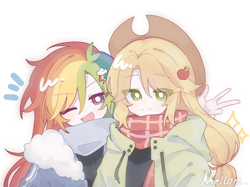 Size: 3000x2239 | Tagged: safe, artist:benyingxinruhuai, applejack, rainbow dash, human, g4, clothes, cute, female, hair ornament, humanized, jacket, lesbian, multicolored hair, one eye closed, open mouth, open smile, rainbow hair, ship:appledash, shipping, smiling, wink
