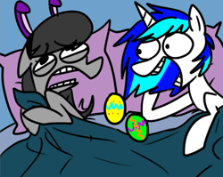 Size: 500x398 | Tagged: safe, artist:ghost, dj pon-3, octavia melody, vinyl scratch, pony, unicorn, g4, bed, duo, easter, easter egg, egg, female, mare, pillow
