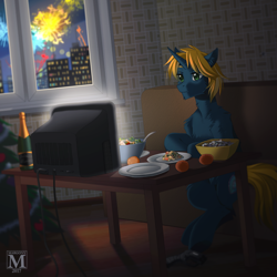 Size: 1200x1200 | Tagged: safe, artist:margony, oc, oc only, pony, bottle, christmas, christmas tree, city, cityscape, couch, eating, fireworks, food, herbivore, holiday, solo, television, tree, window, wine bottle