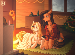 Size: 1232x900 | Tagged: safe, artist:margony, oc, oc only, pegasus, pony, christmas, christmas tree, clothes, duo, fireplace, holiday, shirt, tree, window, wings