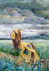 Size: 900x1310 | Tagged: safe, artist:maytee, earth pony, pony, rain, scenery, solo, traditional art, wet, wet mane