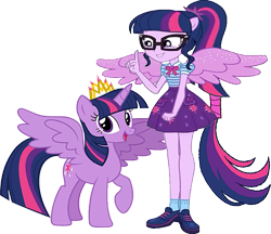 Size: 781x676 | Tagged: safe, edit, editor:incredibubbleirishguy, sci-twi, twilight sparkle, alicorn, human, pony, equestria girls, g4, my little pony equestria girls: better together, text support, text support: rarity, duo, jewelry, large wings, low quality, ponied up, simple background, spread wings, tiara, transparent background, twolight, wings, wrong aspect ratio