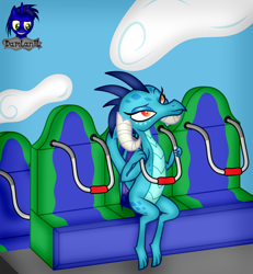 Size: 3840x4154 | Tagged: safe, artist:damlanil, princess ember, dragon, g4, amusement park, cloud, commission, dragon wings, dragoness, female, roller coaster, shoulder harness, show accurate, sitting, solo, wings