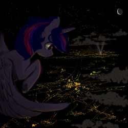 Size: 2500x2500 | Tagged: safe, artist:poniebones, twilight sparkle, alicorn, g4, city, cloud, flying, moon, night, solo, twilight sparkle (alicorn)