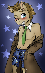 Size: 958x1536 | Tagged: safe, artist:jitterbugjive, doctor whooves, time turner, earth pony, anthro, g4, blushing, boxers, clothes, coat, looking at you, male, necktie, one eye closed, palindrome get, partial nudity, stallion, stripping, stupid sexy doctor whooves, topless, underwear, undressing, wink