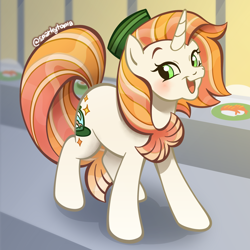 Size: 2400x2400 | Tagged: safe, artist:sparkytopia, oc, oc:sweet shrimp, pony, unicorn, eyebrows, female, food, green eyes, hat, horn, mare, orange mane, signature, solo, sushi, unicorn oc, white coat