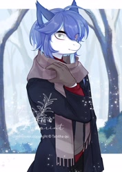 Size: 2480x3508 | Tagged: safe, artist:tabithaqu, oc, oc only, anthro, clothes, heterochromia, scarf, snow, snowfall, solo, tree