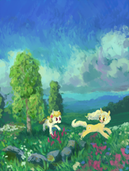 Size: 960x1280 | Tagged: safe, artist:spectralunicorn, oc, oc:sunnyside up, oc:yellowstar, flower, meadow, scenery, tree