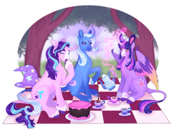 Size: 1280x974 | Tagged: safe, artist:s0ftserve, gameloft, starlight glimmer, trixie, twilight sparkle, alicorn, pony, g4, cake, cup, curved horn, food, horn, leonine tail, magic, picnic blanket, simple background, tail, teacup, teapot, transparent background, tree, twilight sparkle (alicorn)