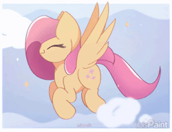Size: 1300x1000 | Tagged: safe, artist:miryelis, fluttershy, pegasus, pony, g4, animated, cloud, cute, female, flying, gif, ibispaint x, mare, shyabetes, smiling, solo, spread wings, wings