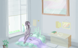 Size: 8000x5000 | Tagged: safe, artist:utauyan, oc, oc only, semi-anthro, bed, book, glass, plant pot, solo, table, window