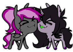 Size: 790x570 | Tagged: safe, artist:woofpoods, oc, oc only, oc:bitwise operator, oc:strobestress, bat pony, cyborg, cyborg pony, pony, unicorn, bat pony oc, bat wings, best friends, chest fluff, female, horn, mare, purple hair, simple background, transparent background, unicorn oc, wings