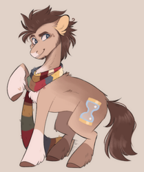 Size: 868x1037 | Tagged: safe, artist:wanderingpegasus, doctor whooves, time turner, earth pony, pony, g4, beige background, clothes, colored hooves, fetlock tuft, fourth doctor's scarf, scarf, simple background, solo, striped scarf