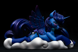 Size: 3000x2000 | Tagged: safe, artist:chyvak, artist:draconis taaldis, princess luna, alicorn, pony, g4, 3d print, blushing, choker, clothes, cloud, cute, dock, dock piercing, ethereal mane, female, figure, flower, flower in mouth, horn, irl, lingerie, lying down, mare, mouth hold, on a cloud, panties, photo, piercing, prone, rose, rose in mouth, socks, starry mane, starry tail, stockings, tail, tail piercing, thigh highs, underwear, wings