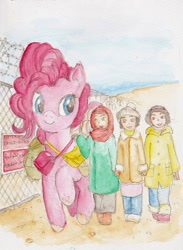 Size: 586x800 | Tagged: safe, artist:daisymane, pinkie pie, earth pony, human, pony, g4, backpack, bag, bags, border crossing, fence, traditional art, wires