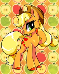 Size: 1624x2048 | Tagged: safe, artist:stacy_165cut, applejack, earth pony, pony, g4, abstract background, apple, applejack's hat, colored hooves, colored pinnae, cowboy hat, female, food, freckles, hair tie, hat, hoof on cheek, hoof polish, hooves, looking away, mare, ponytail, profile, raised hoof, smiling, solo, tied hair, turned head, windswept mane