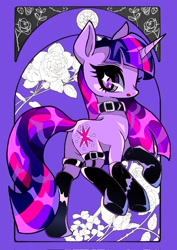 Size: 1448x2048 | Tagged: safe, artist:stacy_165cut, twilight sparkle, pony, unicorn, g4, belt, clothes, collar, female, garter belt, latex, latex socks, mare, socks, solo, thigh highs, unicorn twilight