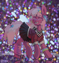 Size: 3000x3168 | Tagged: safe, artist:crashbrush, cheerilee, earth pony, pony, g4, 80s, 80s cheerilee, accessory, badge, bandana, bracelet, braces, clothes, ear piercing, earring, eyes closed, eyeshadow, female, glitter, hairpin, high res, jewelry, makeup, mare, piercing, pink mane, school uniform, skirt, smiling, solo, two toned mane, white eyelashes, wristband