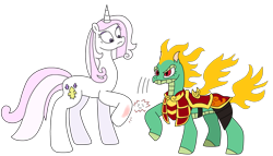 Size: 3123x1788 | Tagged: safe, artist:supahdonarudo, fleur-de-lis, tianhuo (tfh), dragon, hybrid, longma, unicorn, series:fleurbuary, them's fightin' herds, g4, angry, armor, community related, mane of fire, shocked, shocked expression, simple background, slap, transparent background