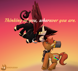 Size: 4299x3915 | Tagged: safe, artist:jackudoggy, oc, oc only, oc:dokko, oc:hilda, alicorn, earth pony, pony, pony town, clothes, crying, ear piercing, earring, female, gradient background, hat, horn, jewelry, kissing, male, mare, multiple horns, pendant, piercing, sad kiss, scarf, shipping, stallion, straight, striped scarf, suit, sunset, text