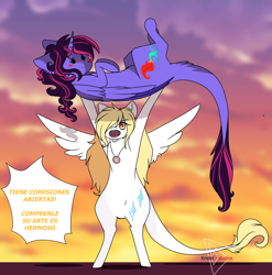 Size: 4000x4050 | Tagged: safe, artist:krissstudios, oc, oc only, oc:sally lovely, oc:shamy, alicorn, pegasus, pony, belly, bipedal, duo, female, holding a pony, holding up, leonine tail, mare, spanish, sunset, tail, translation request