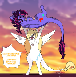 Size: 4000x4050 | Tagged: safe, artist:krissstudios, oc, oc only, oc:sally lovely, oc:shamy, alicorn, pegasus, pony, belly, bipedal, duo, female, holding a pony, holding up, leonine tail, mare, spanish, spanish text, sunset, tail, translation request