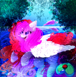 Size: 3471x3514 | Tagged: safe, artist:krissstudios, oc, oc:ayame, insect, ladybug, pegasus, pony, female, flowing mane, flowing tail, folded wings, mare, open mouth, open smile, river, smiling, solo, swimming, tail, water, wet, wings