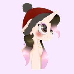 Size: 1600x1600 | Tagged: safe, artist:kathepart, oc, oc only, oc:kinna-ca, unicorn, blushing, cap, collar, cute, freckles, hat, makeup, purple background, simple background, solo