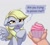 Size: 1201x1080 | Tagged: safe, artist:confetticakez, derpy hooves, human, pegasus, pony, g4, cupcake, derpy hooves is not amused, dialogue, disembodied hand, disgusted, do not want, food, gray background, hand, heresy, meme, offended, offensive, offscreen character, offscreen human, poison, prank, pure unfiltered evil, simple background, speech bubble, unamused