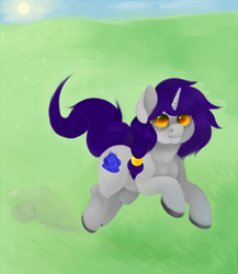 Size: 954x1100 | Tagged: safe, artist:ptg, oc, oc only, oc:masumoto, pony, unicorn, grass, grass field, horn, male, outdoors, running, solo, stallion, tail, unicorn oc, unshorn fetlocks