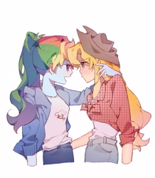 Size: 3686x4224 | Tagged: safe, artist:xinjinjumin3316237, applejack, rainbow dash, human, equestria girls, g4, duo, female, humanized, lesbian, open mouth, ship:appledash, shipping