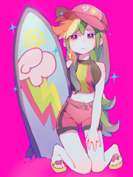 Size: 1500x2000 | Tagged: safe, artist:xinjinjumin3316237, rainbow dash, human, equestria girls, g4, cap, clothes, feet, hat, humanized, kneeling, magenta background, sandals, shorts, simple background, solo, surfboard, swimsuit