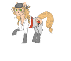 Size: 1000x856 | Tagged: safe, artist:ptg, oc, oc only, oc:black apple cider, pony, bandana, boots, butt freckles, clothes, ear piercing, earring, female, freckles, jewelry, looking at you, mare, pants, piercing, raised hoof, shirt, shoes, simple background, smiling, solo, tail, white background