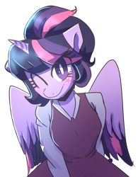 Size: 855x1094 | Tagged: source needed, safe, artist:peanutfrogy, twilight sparkle, alicorn, anthro, g4, clothes, cute, dress, eye clipping through hair, facial markings, female, one eye closed, ponytail, simple background, sitting, smiling, solo, transparent background, twiabetes, twilight sparkle (alicorn), wink