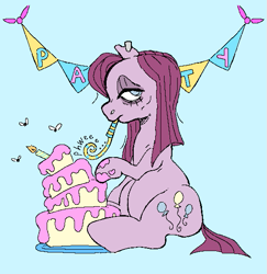 Size: 547x562 | Tagged: safe, artist:maretriarch, pinkie pie, earth pony, fly, insect, pony, g4, bags under eyes, blue background, cake, ear piercing, earring, female, food, frown, jewelry, looking back, mare, onomatopoeia, party horn, piercing, pinkamena diane pie, sad, short tail, simple background, sitting, solo, tail, text