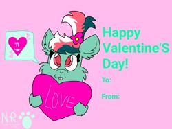 Size: 1440x1080 | Tagged: safe, artist:noelia "wolfpuppygal" r., fizzy, pony, unicorn, g1, my little pony 'n friends, flower, flower in hair, heart, holiday, love, pink background, simple background, solo, tongue out, valentine's day, valentine's day card