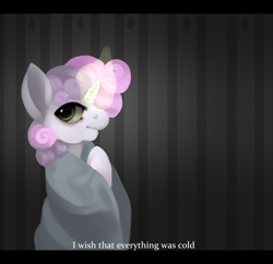 Size: 1280x1237 | Tagged: safe, artist:ptg, sweetie belle, pony, unicorn, g4, blanket, caption, female, filly, foal, glowing, glowing horn, horn, looking at you, magic, magic aura, sad, solo, text