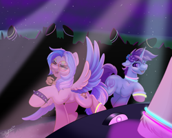 Size: 2500x2000 | Tagged: safe, artist:skyboundsiren, dj pon-3, vinyl scratch, oc, oc:haven sympony, oc:lumin light, pegasus, pony, unicorn, commission, concert, dancing, duo, flower, flower in hair, glasses, glowstick, male, night, night sky, offscreen character, rave, sky, smiling