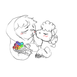 Size: 500x501 | Tagged: dead source, safe, artist:ptg, oc, oc:goombells, human, pony, ask, blush lines, blushing, bouquet of flowers, clothes, eyes closed, flower, hoodie, imminent interspecies, imminent kissing, kissy face, male, oc x oc, partial color, shipping