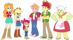 Size: 10000x5536 | Tagged: safe, artist:octosquish7260, apple bloom, applejack, big macintosh, bright mac, granny smith, pear butter, human, equestria girls, g4, apple family, belt, boots, clothes, converse, cowboy boots, cowboy hat, denim, equestria girls-ified, female, hat, high heel boots, jacket, jeans, male, pants, shirt, shoes, simple background, skirt, transparent background, vest, younger