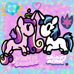 Size: 1000x1000 | Tagged: safe, artist:mintwhistle, princess cadance, shining armor, alicorn, pony, unicorn, g4, abstract background, colored hooves, colored wings, crown, duo, duo male and female, eyelashes, female, gradient wings, heart, horn, horns are touching, jewelry, love, male, mare, medibang paint, multicolored mane, multicolored tail, no mouth, regalia, ship:shiningcadance, shipping, stallion, straight, style emulation, tail, tokidoki, unicorno, wings