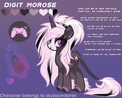 Size: 2500x2000 | Tagged: safe, artist:skyboundsiren, oc, oc only, oc:digit morose, pony, unicorn, cutie mark, ear piercing, eyebrow piercing, female, fluffy, goth, gradient background, lip piercing, pastel goth, piercing, reference sheet, solo, spiked headband