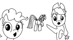 Size: 1000x550 | Tagged: safe, artist:purblehoers, applejack, pinkie pie, twilight sparkle, earth pony, pony, unicorn, g4, black and white, butt, grayscale, looking at you, meme, monochrome, ms paint, no eyelashes, open mouth, plot, pointing, simple background, soyjak, soyjaks pointing, twibutt, white background, wojak