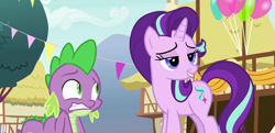Size: 1162x563 | Tagged: safe, composite screencap, edit, edited screencap, screencap, spike, starlight glimmer, dragon, unicorn, g4, triple threat, lidded eyes, ponyville, ponyville town hall