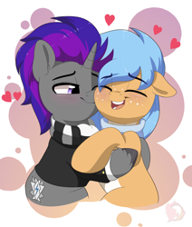 Size: 3232x3811 | Tagged: safe, artist:joaothejohn, oc, oc only, oc:iva, oc:legacy lexston, earth pony, pony, unicorn, blushing, cheek kiss, clothes, commission, couple, cute, earth pony oc, eyes closed, holiday, horn, jacket, kissing, lidded eyes, multicolored hair, scarf, shipping, smiling, unicorn oc, valentine's day, ych result