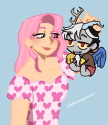 Size: 650x753 | Tagged: safe, artist:drawingtacos, discord, fluttershy, human, g4, baby discord, clothes, cutie mark on clothes, duo, duo male and female, eye clipping through hair, female, holding, humanized, light blue background, lip gloss, male, simple background, size difference, smug