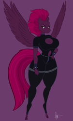 Size: 1492x2469 | Tagged: safe, artist:panthra78, tempest shadow, alicorn, anthro, unguligrade anthro, g4, alicornified, belly button, big breasts, boob window, breasts, broken horn, busty tempest shadow, cleavage, clothes, curvy, female, hand on hip, horn, hourglass figure, navel cutout, purple background, race swap, simple background, solo, spiked wristband, spread wings, tempesticorn, thighs, thunder thighs, wide hips, wings, wristband